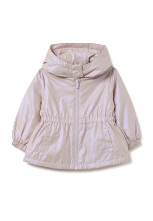 Giacca capottata lucida di un rosa chiaro, con zip frontale, polsini elasticizzati e vita arricciata. Presenta due tasche laterali per lo stoccaggio.