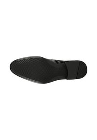 Zwarte schoenenzool met diamantvormig gripmotief en een glad hielgedeelte op witte achtergrond.