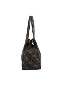 Borsa tote nera con un motivo geometrico marrone, dotata di doppie tracolle e una forma strutturata, realizzata in materiale sintetico testurizzato.