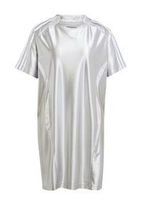 Maglietta sportiva argento realizzata in materiale lucido e leggero. Presenta maniche corte, colletto a girocollo e tre strisce bianche su ciascun spalle.