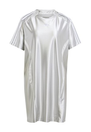 Maglietta sportiva argento realizzata in materiale lucido e leggero. Presenta maniche corte, colletto a girocollo e tre strisce bianche su ciascun spalle.