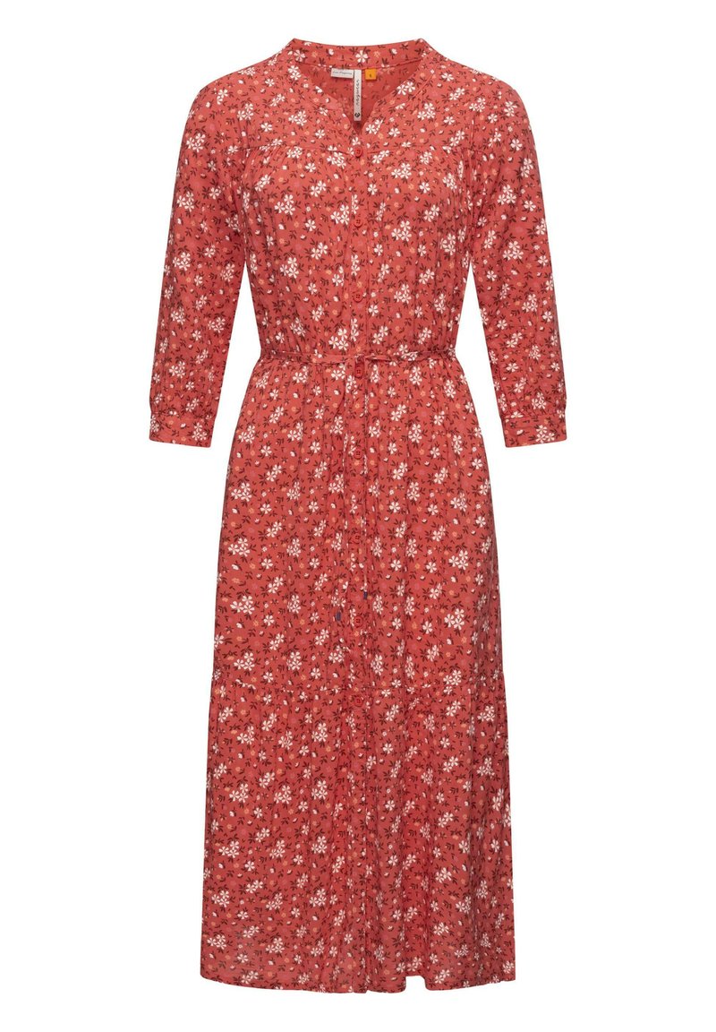 Red floral dress with three-quarter sleeves, front buttons, tie waist, and a flowing skirt featuring small white and green flowers.