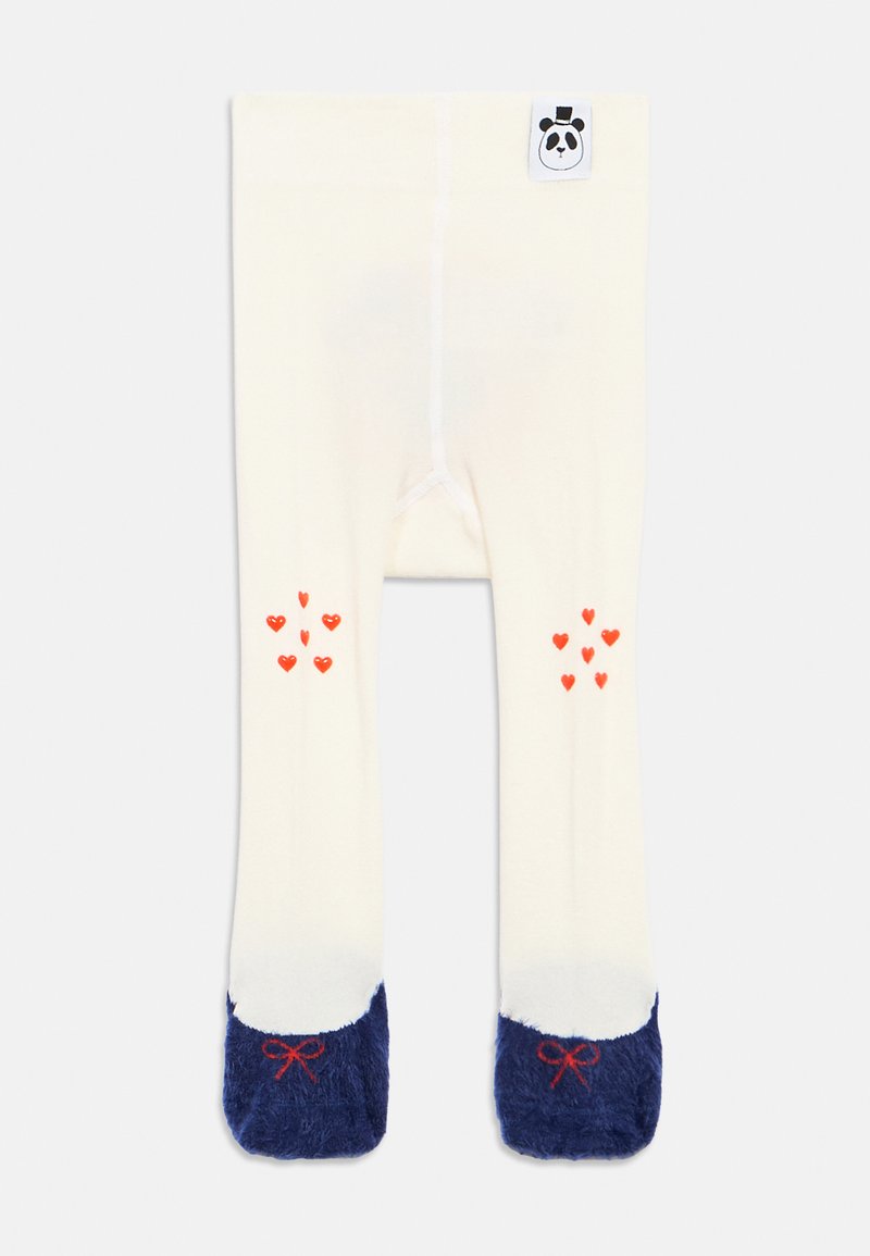 Krēmkrāsas bērnu zeķbikses ar sarkanu sirdspuķu grupām uz ceļiem, tumši zilas pūkainas kājas ar sarkaniem ziediem un mazu pandanāsu seju birku pie jostas.