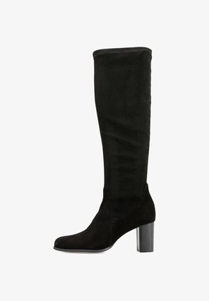 Bottes noires en daim à hauteur de genoux avec un bout pointu et un talon épais, présentant un design sans coutures et un léger stretch en haut.