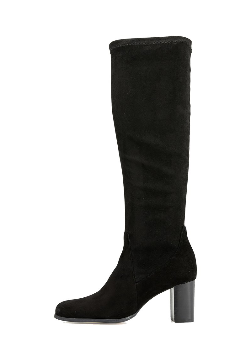 Bottes noires en daim à hauteur de genoux avec un bout pointu et un talon épais, présentant un design sans coutures et un léger stretch en haut.