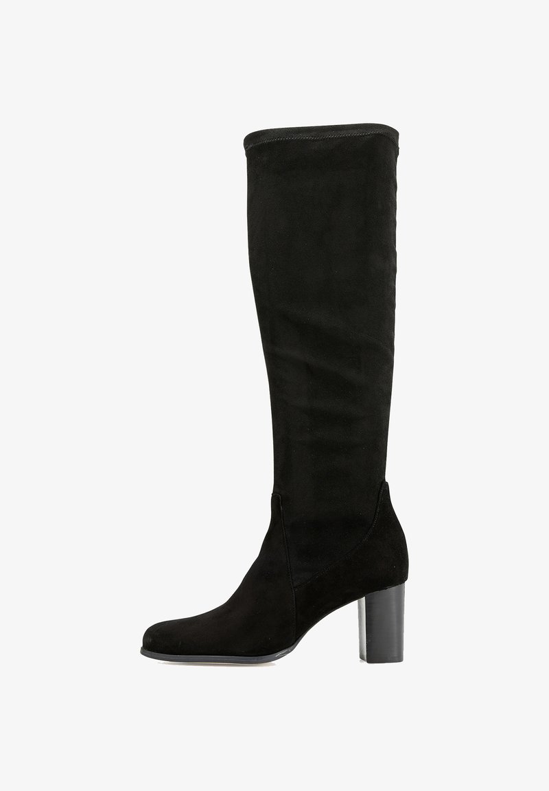 Bottes noires en daim à hauteur de genoux avec un bout pointu et un talon épais, présentant un design sans coutures et un léger stretch en haut.