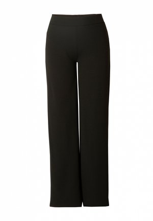 Black high-waist wide-leg pants with a fitted waistband, made from smooth fabric, shown against a white background.