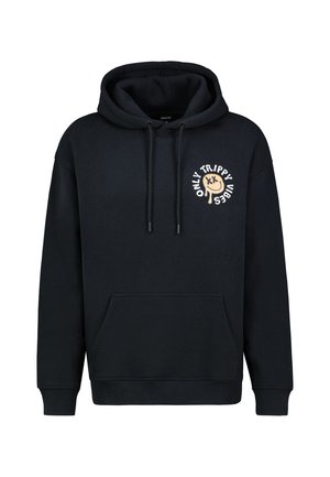 Schwarzer Kapuzenpullover aus Baumwolle mit einer frontalen Kängurutasche und einem cremefarbenen Grafikdesign mit Text auf der Brust.
