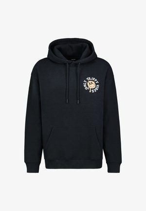 Black hooded sweatshirt made of cotton, featuring a front kangaroo pocket and a cream-colored graphic design with text on the chest.