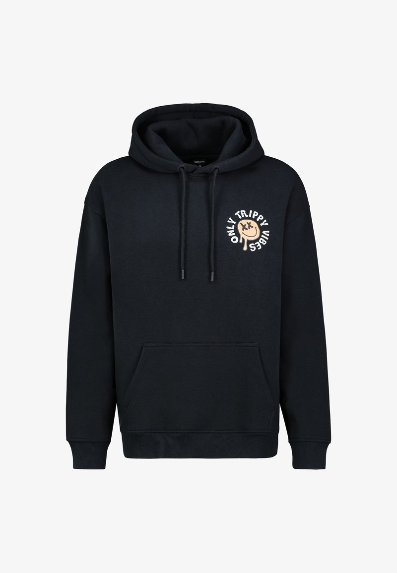 Schwarzer Kapuzenpullover aus Baumwolle mit einer frontalen Kängurutasche und einem cremefarbenen Grafikdesign mit Text auf der Brust.