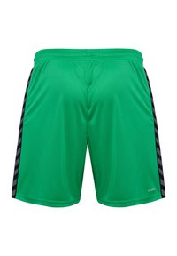 Pantalones cortos deportivos verdes con una textura suave, que presentan franjas laterales negras. Cintura elástica para comodidad y flexibilidad.