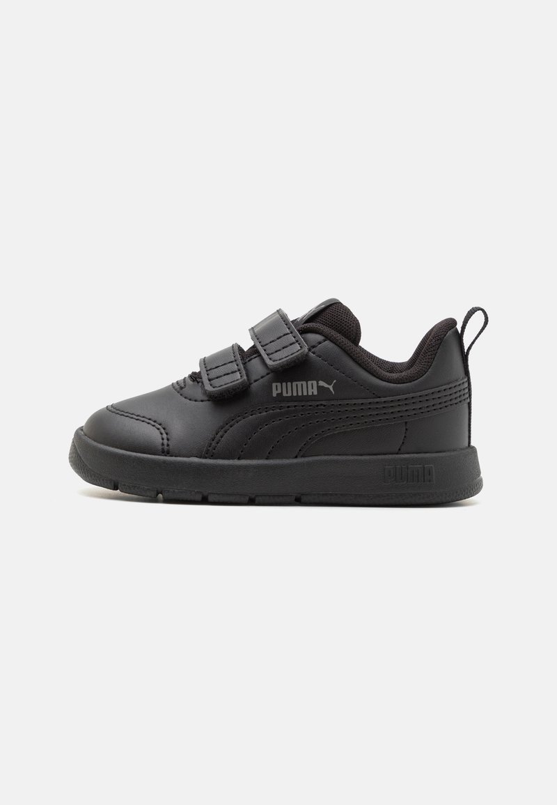 Baskets pour tout-petits noires avec une tige en cuir lisse, deux sangles Velcro ajustables, un col rembourré et une semelle en caoutchouc arborant le logo Puma.