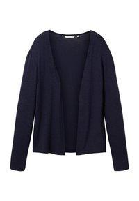Granatowy kardigan z długim rękawem, z otwartym przodem, wykonany z miękkiego materiału o fakturowanym wykończeniu. Bez zapięć i wzorów. Styl casualowy.