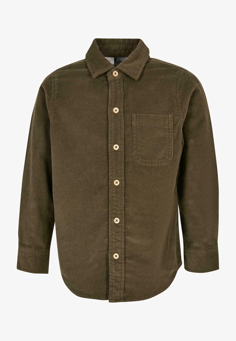 Chemise en velours côtelé vert olive à manches longues, avec un front boutonné et une poche poitrine. Elle comporte des boutons en bois et un col classique.