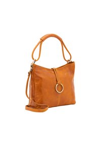 Oranges Lederhandtasche mit strukturierter Form, ausgestattet mit einem oberen Griff und einem verstellbaren Schultergurt. Enthält ein kreisförmiges Element in der Nähe des Verschlusses.