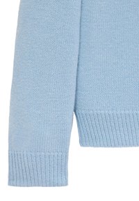 Hellblaue Strickjacke mit gerippten Bündchen und Saum, weichem Material und nahtlosem Design für angenehmen Tragekomfort.