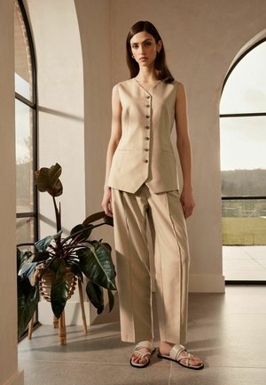 Beige linane käisteta ülikond nööpidega ees, millele on sobitatud vastavad püksid. Stiliseeritud minimnalistlike sandaalidega ja pott-taimega.