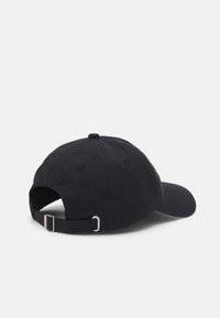 Black baseball cap with a curved brim, cotton material, adjustable strap at the back, and a rounded top button.