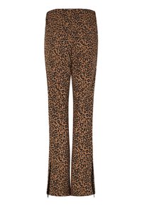 Pantalon marron imprimé léopard avec jambes droites et détail de fermeture éclair à l'avant en bas.