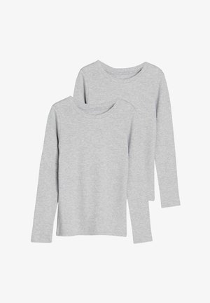 Two long-sleeve shirts in a light gray cotton blend. Crew neck design with smooth texture and no patterns or embellishments.