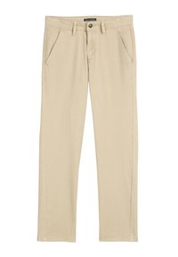 Jasno beżowe, proste spodnie wykonane z miękkiej bawełnianej tkaniny. Posiadają dwie przednie kieszenie, zapięcie na guzik i zamek oraz szyte wykończenia.