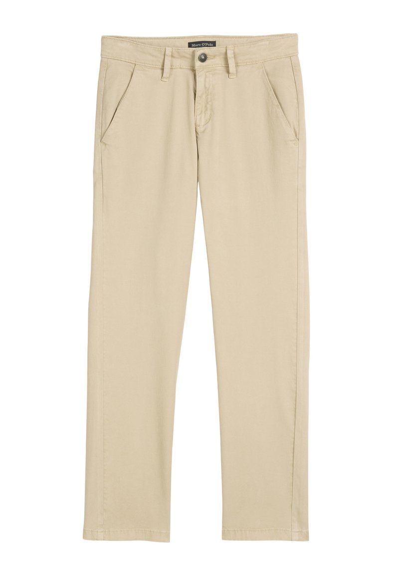 Jasno beżowe, proste spodnie wykonane z miękkiej bawełnianej tkaniny. Posiadają dwie przednie kieszenie, zapięcie na guzik i zamek oraz szyte wykończenia.