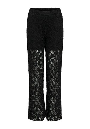 Pantalon en dentelle noire avec une partie supérieure unie et un motif floral en dentelle transparente du milieu de la cuisse jusqu'à l'ourlet, coupe droite, taille élastique.