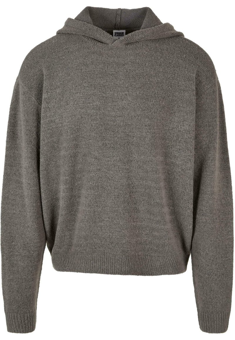 Grauer Hoodie aus weichem, strukturiertem Stoff mit V-Ausschnitt. Verfügt über eine Kängurutasche sowie gerippte Bündchen und Saum.