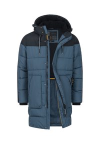 Gepolsterte Jacke in Blau und Schwarz mit Kapuze, ausgestattet mit einem Reißverschluss, Seitentaschen und Fleecefutter, das für Wärme und Komfort sorgt.