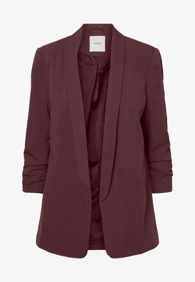 Ciemnoczerwony bordowy damski żakiet z kołnierzem szalowym, marszczonymi długimi rękawami i gładką, satynową podszewką.
