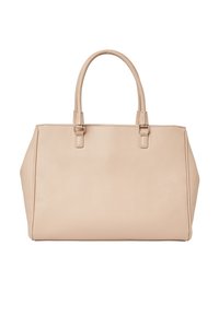 Borsa a spalla in pelle beige con forma strutturata, doppi manici superiori e design minimalista. Presenta una superficie liscia e dettagli in metallo di colore argento.