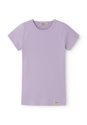 Λιλά κοντομάνικη ριμπ βαμβακερή μπλούζα με στρογγυλή λαιμόκοψη και μικρή ετικέτα MarMar Copenhagen στο κάτω μέρος.