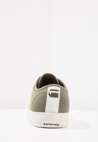 Baskets en tissu vert avec une semelle en caoutchouc blanche, dotées d'une languette de talon en tissu avec logo et d'un design simple. Texture lisse, style décontracté.