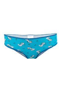 Mutande da donna blu con motivi di pupazzo di neve dei cartoni animati e piccole foglie, dotate di un bordo ondulato.