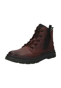 Brown leather ankle boots with black textile accents, lace-up front, and side zipper. Thick black rubber sole with red stitching detail.