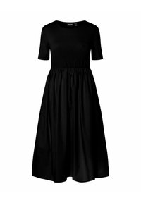Crna haljina s kratkim rukavima, okruglim izrezom, uskim korzetom i lepršavom suknjom. Izrađena od glatkog materijala s naboranim strukom.