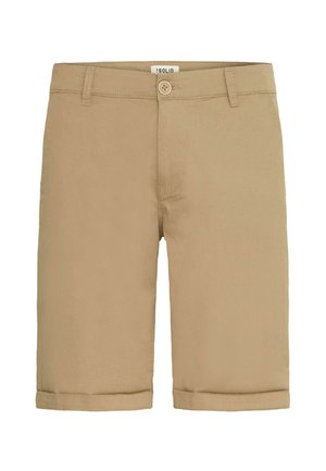 Beige Shorts mit flachem Bund und umgeschlagenen Säumen. Aus einem Baumwoll-Mix gefertigt, mit Knopfverschluss und dezenten Seitentaschen.
