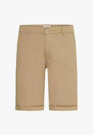 Shorts beiges avec un devant plat et des ourlets roulés. Fabriqués en tissu mélangé coton, ils disposent d'une fermeture à bouton et de poches latérales discrètes.