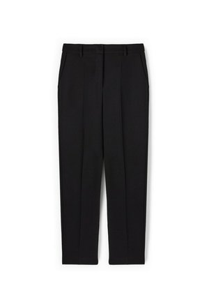 Pantaloni neri con design a gamba dritta, dotati di due tasche frontali, dettaglio plissettato e una texture liscia. Stile classico e versatile.