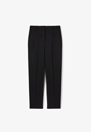 Black trousers with a straight-leg design, featuring two front pockets, pleated detail, and a smooth texture. Classic and versatile style.