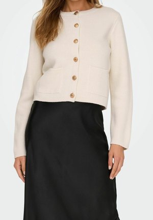 Kvinde iført en cremefarvet cardigan med knapper og to forlommer, kombineret med et sort satin midi-nederdel, stående foran en ensfarvet baggrund.