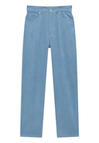 Pantalon en velours côtelé bleu à coupe droite, avec braguette à boutons, cinq poches et une texture subtilement côtelée.