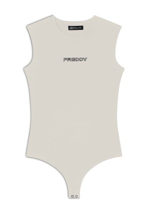 SENZA MANICHE IN STRETCH CON LOGO STRASS - Body - white sand