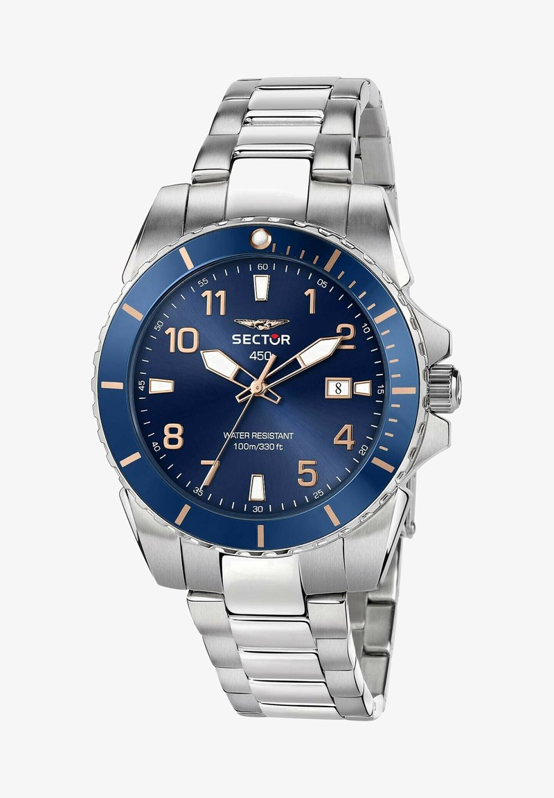 Silberne Edelstahl-Uhr mit blauem Ziffernblatt, orangenen Indizes und Datumsanzeige. Wasserdicht bis 100 m.