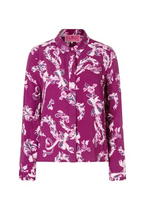 Langärmlige lila Bluse mit einem floralen Muster in Weiß und Grau, mit einem Kragen und Knopfverschluss vorne.