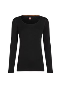 Schwarzes, langärmliges, körpernah geschnittenes Shirt mit Rundhalsausschnitt, dezenten Ziernähten und orangefarbenem Innenkragen.