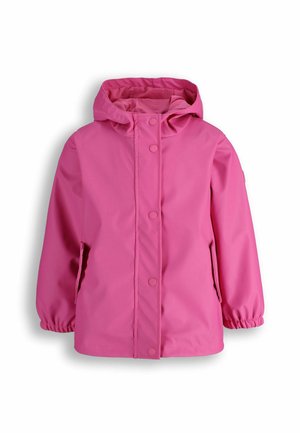 Różowa, wodoodporna kurtka dziecięca z kapturem, zatrzaskami, elastycznymi mankietami i dwoma przednimi kieszeniami.
