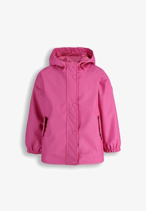 Różowa, wodoodporna kurtka dziecięca z kapturem, zatrzaskami, elastycznymi mankietami i dwoma przednimi kieszeniami.