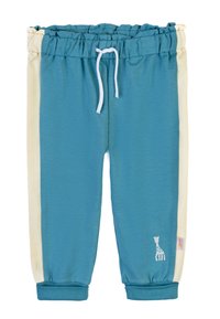 Pantaloni della tuta turchesi con pannelli laterali crema, dotati di una vita elasticizzata con cordoncino e di un piccolo design di giraffa vicino all'orlo.