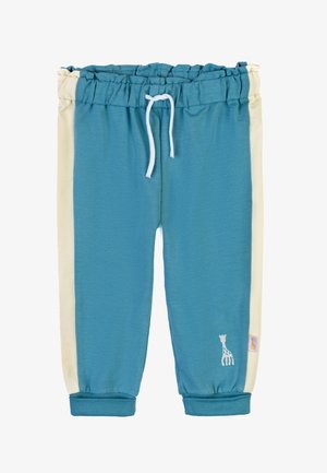 Turquoise sweatpants with cream side panels, featuring an elastic waistband with drawstring and a small giraffe design near the hem.